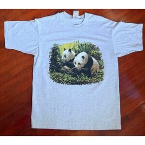Vintage Y2K Fruit Of Loom Heather Gray Pandas T Shirt Green Bamboo Tee Large